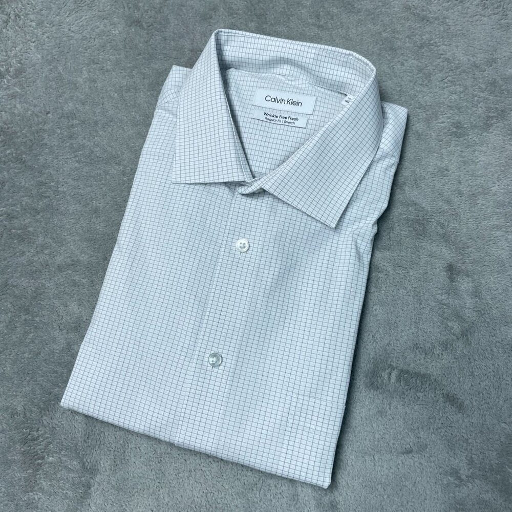 Calvin Klein Men's L Wrinkle-Free Checkered White Black Dress Shirt L1392 - Picture 3 of 8